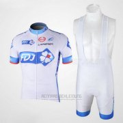 2010 Fahrradbekleidung FDJ Wei und Hellblau Trikot Kurzarm und Tragerhose