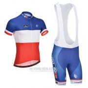 2014 Fahrradbekleidung FDJ Blau Champion Frankreich Trikot Kurzarm und Tragerhose