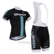 2014 Fahrradbekleidung Bianchi Shwarz und Grun Trikot Kurzarm und Tragerhose