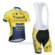 2014 Fahrradbekleidung Tinkoff Saxo Bank Blau und Gelb Trikot Kurzarm und Tragerhose