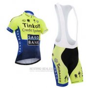 2014 Fahrradbekleidung Tinkoff Saxo Bank Blau und Grun Trikot Kurzarm und Tragerhose