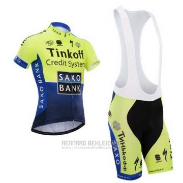 2014 Fahrradbekleidung Tinkoff Saxo Bank Blau und Grun Trikot Kurzarm und Tragerhose