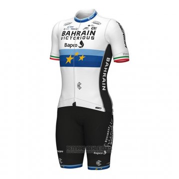 2022 Fahrradbekleidung European Champion Bahrain Victorious Blau Wei Trikot Kurzarm und Tragerhose