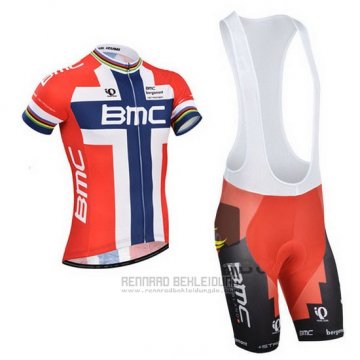 2014 Fahrradbekleidung BMC Champion Norwegen Blau und Rot Trikot Kurzarm und Tragerhose