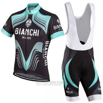 2017 Fahrradbekleidung Bianchi Milano Shwarz und Grun Trikot Kurzarm und Tragerhose