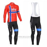 2013 Fahrradbekleidung Sky Champion Norwegen Blau und Rot Trikot Langarm und Tragerhose