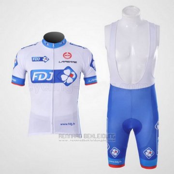 2010 Fahrradbekleidung FDJ Wei und Azurblau Trikot Kurzarm und Tragerhose