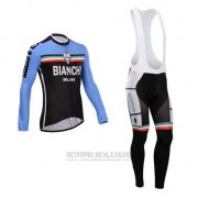 2014 Fahrradbekleidung Bianchi Shwarz und Azurblau Trikot Langarm und Tragerhose