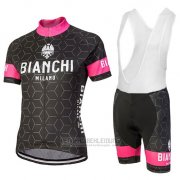 2018 Fahrradbekleidung Bianchi Nevola Shwarz und Rosa Trikot Kurzarm und Tragerhose