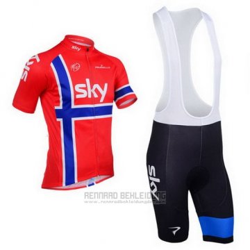 2013 Fahrradbekleidung Sky Champion Norwegen Blau und Rot Trikot Kurzarm und Tragerhose