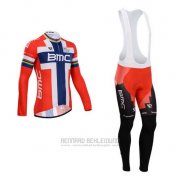 2014 Fahrradbekleidung BMC Champion Norwegen Blau und Rot Trikot Langarm und Tragerhose