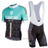 2017 Fahrradbekleidung Frau Bianchi Shwarz und Grun Trikot Kurzarm und Tragerhose