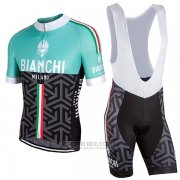 2017 Fahrradbekleidung Frau Bianchi Shwarz und Grun Trikot Kurzarm und Tragerhose