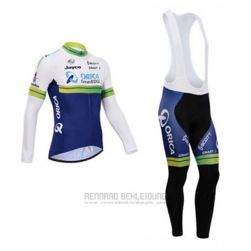 2014 Fahrradbekleidung Orica GreenEDGE Wei und Blau Trikot Langarm und Tragerhose