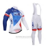 2015 Fahrradbekleidung FDJ Wei und Blau Trikot Langarm und Tragerhose