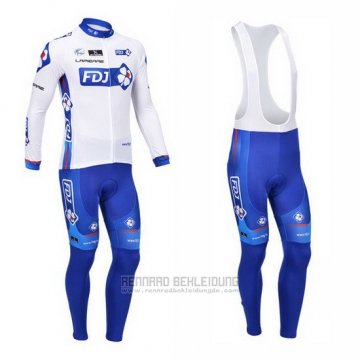 2013 Fahrradbekleidung FDJ Wei und Azurblau Trikot Langarm und Tragerhose