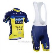 2013 Fahrradbekleidung Tinkoff Saxo Bank Blau und Gelb Trikot Kurzarm und Tragerhose