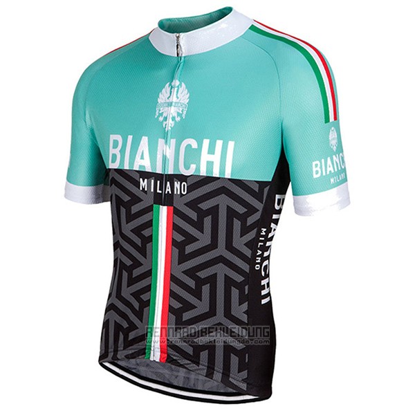 2017 Fahrradbekleidung Frau Bianchi Shwarz und Grun Trikot Kurzarm und Tragerhose