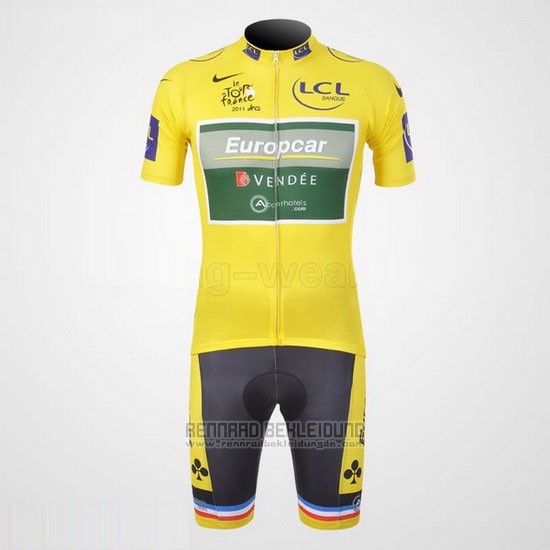 2011 Fahrradbekleidung Europcar Lider Gelb Trikot Kurzarm und Tragerhose