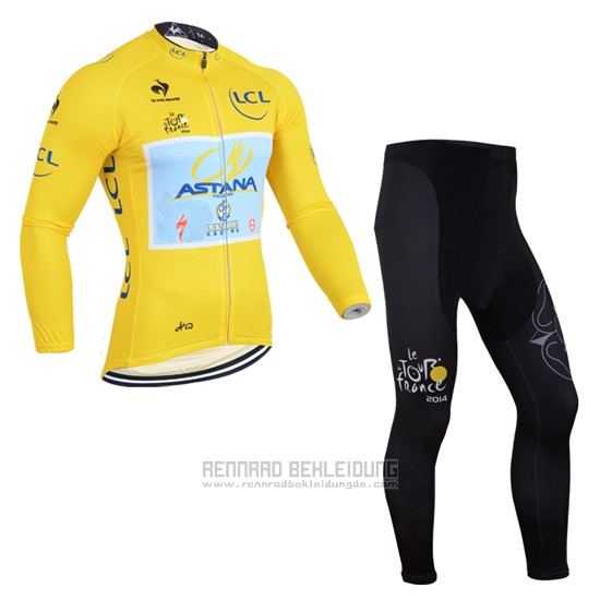 2014 Fahrradbekleidung Astana Lider Gelb Trikot Langarm und Tragerhose