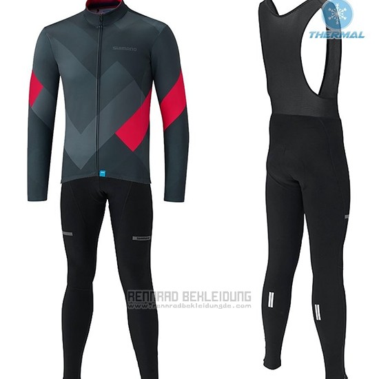 2019 Fahrradbekleidung Shimano Grau Rot Trikot Langarm und Tragerhose - zum Schließen ins Bild klicken